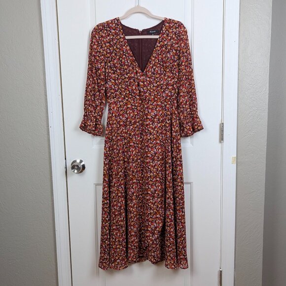Madewell | Brown Multicolor Floral Faux Wrap Dress Size 0 - Picture 1 of 10